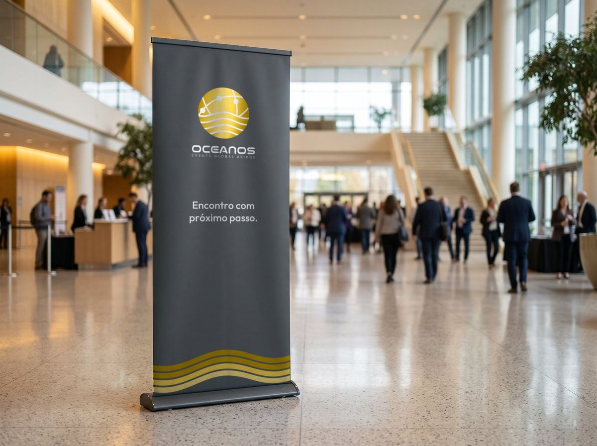 Banner roll-up: cena fictícia gerada por IA com o logo oficial aplicado